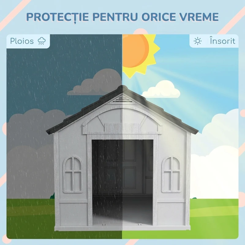 PawHut Cușcă impermeabilă din PP pentru câini cu acoperiș înclinat și ușă de acces, 84,2x98,2x82 cm, gri