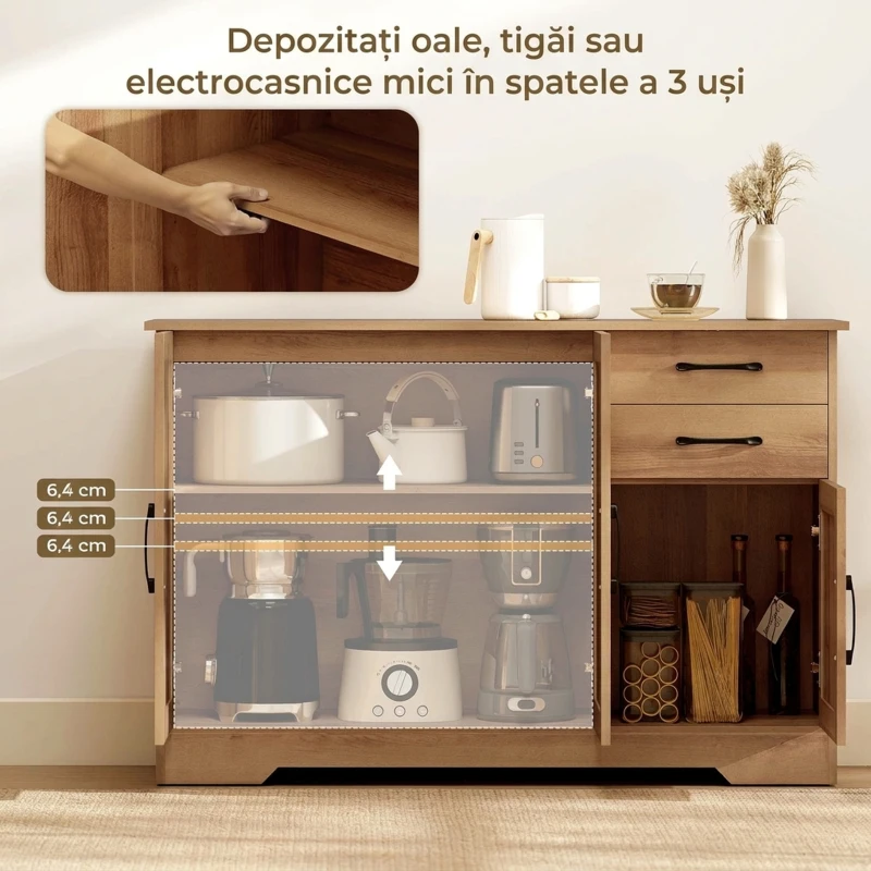 HOMCOM Dulap de Bucătărie cu 2 Sertare și 3 Dulapuri, Rafturi Ajustabile, 120x38x79 cm, Stejar