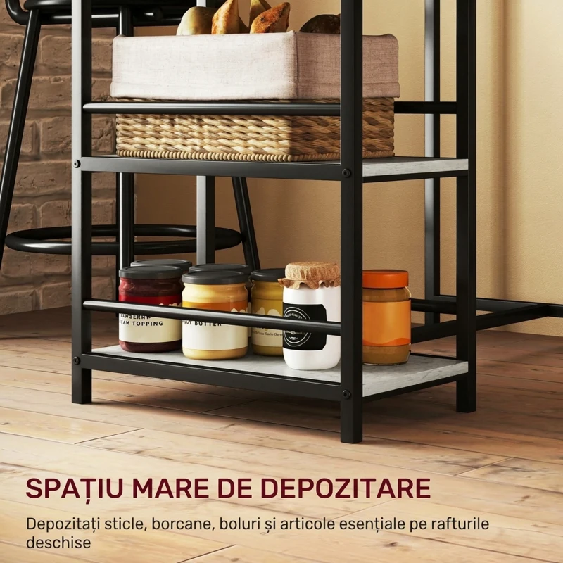 HOMCOM Set de luat masa din 3 piese cu bar cu rafturi și 2 scaune înalte cu spătar, gri deschis