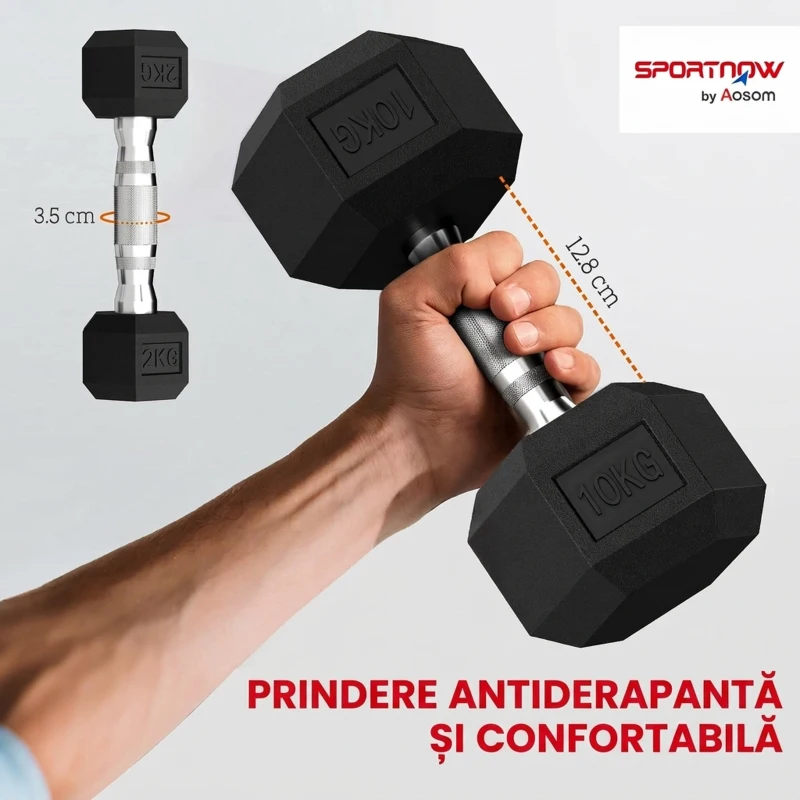 SPORTNOW Set Gantere Hexagonale pentru Sală cu Suport și Mânere Antialunecare, 2x2kg, 2x5kg, 2x8kg, 2x10kg, Negru