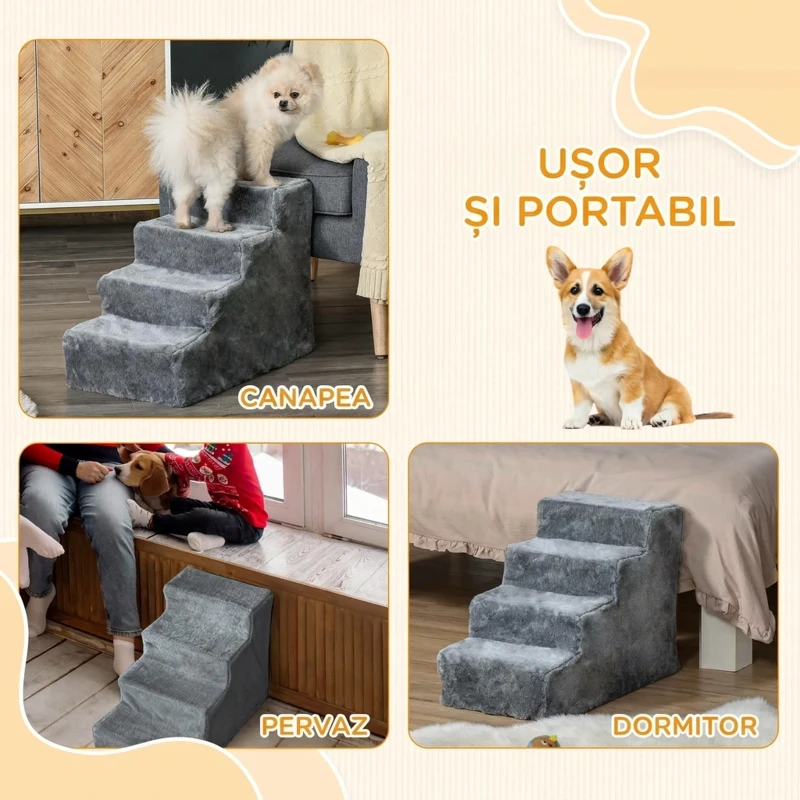 PawHut Scară portabilă pentru câini cu 4 trepte, din material catifelat detașabil și placaj, 60x35x44 cm, gri