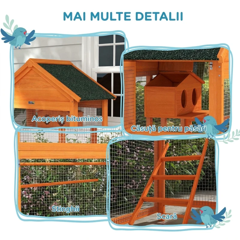 PawHut Volieră pentru Păsări cu 3 Uși, Căsuță, Scară și Tavă, din Lemn și Metal, 92x52x171 cm, Portocaliu și Verde