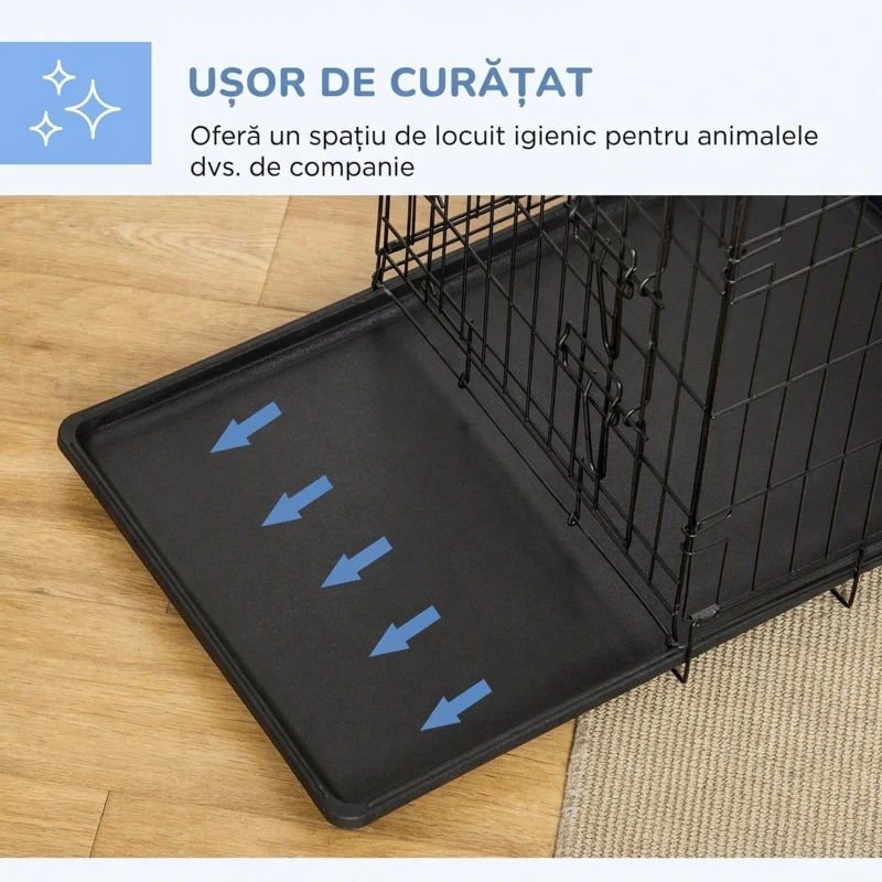 PawHut Cușcă Metalică pentru Câini, Pliabilă, cu 2 Uși și Încuietori de Siguranță, Ideală pentru Transport Auto sau Dresaj în Casă, 76x46x52 cm