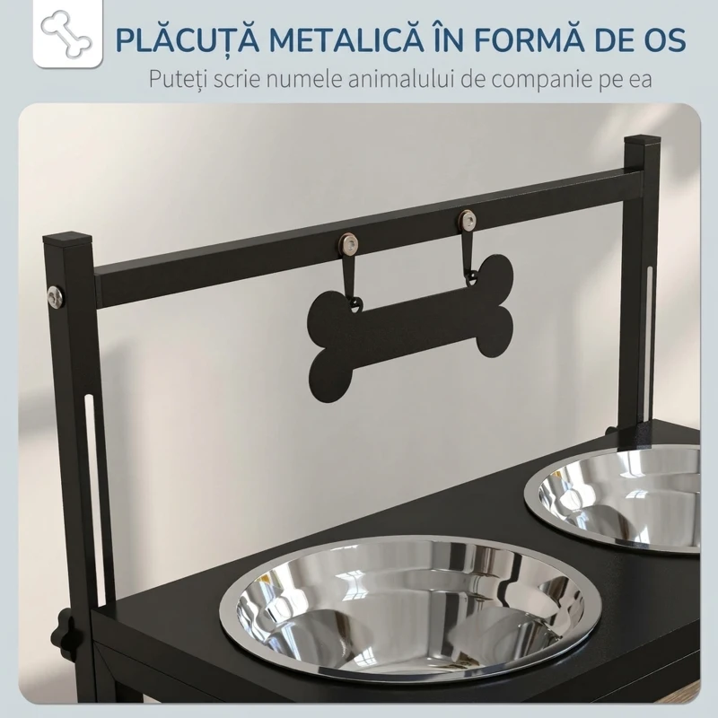 PawHut Suport Boluri pentru Câini Ridicat cu Înălțime Reglabilă, 2 Boluri din Oțel de 900ml, Negru