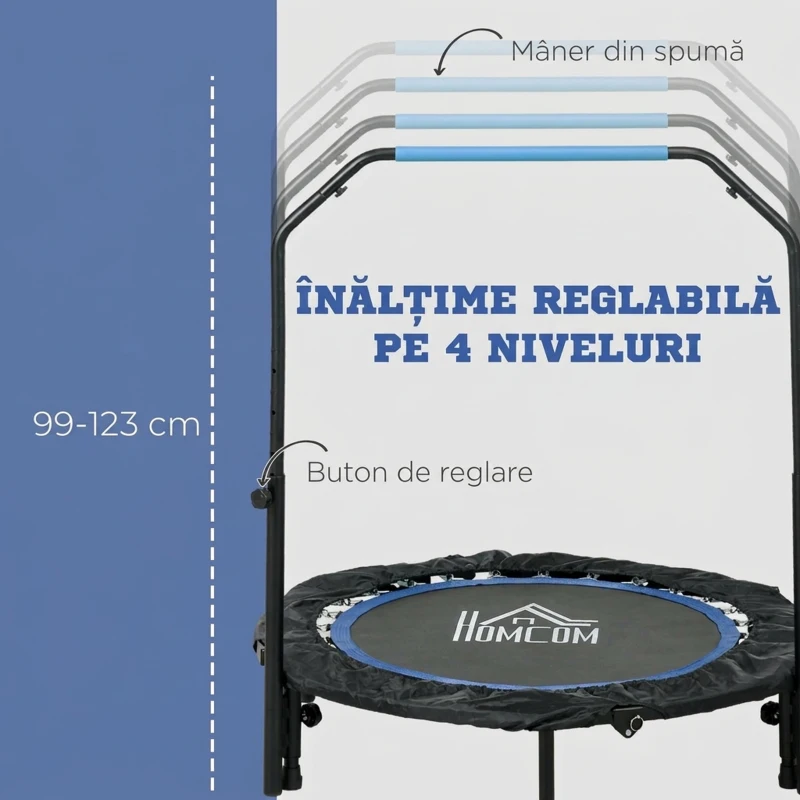 HOMCOM Mini Trambulină Fitness Ø102 cm Pliabilă cu Mâner Reglabil pe Înălțime, Albastră