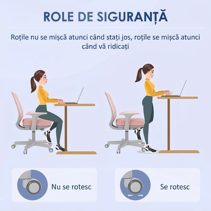 Vinsetto Scaun de birou ergonomic, reglabil pe înălțime, cu 5 roți, 55x48x82.5-94.5 cm, roz