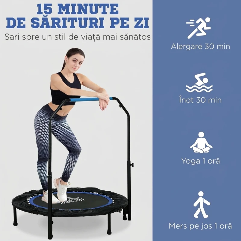 HOMCOM Mini Trambulină Fitness Ø102 cm Pliabilă cu Mâner Reglabil pe Înălțime, Albastră
