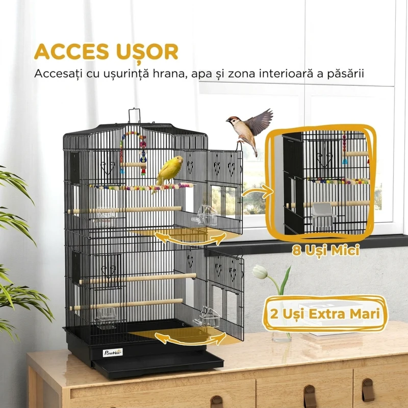 PawHut Colivie pentru pasari cu Stinghii, Leagan si boluri, Voliera din Metal si Plastic, 46.5x35.5x92 cm, Negru