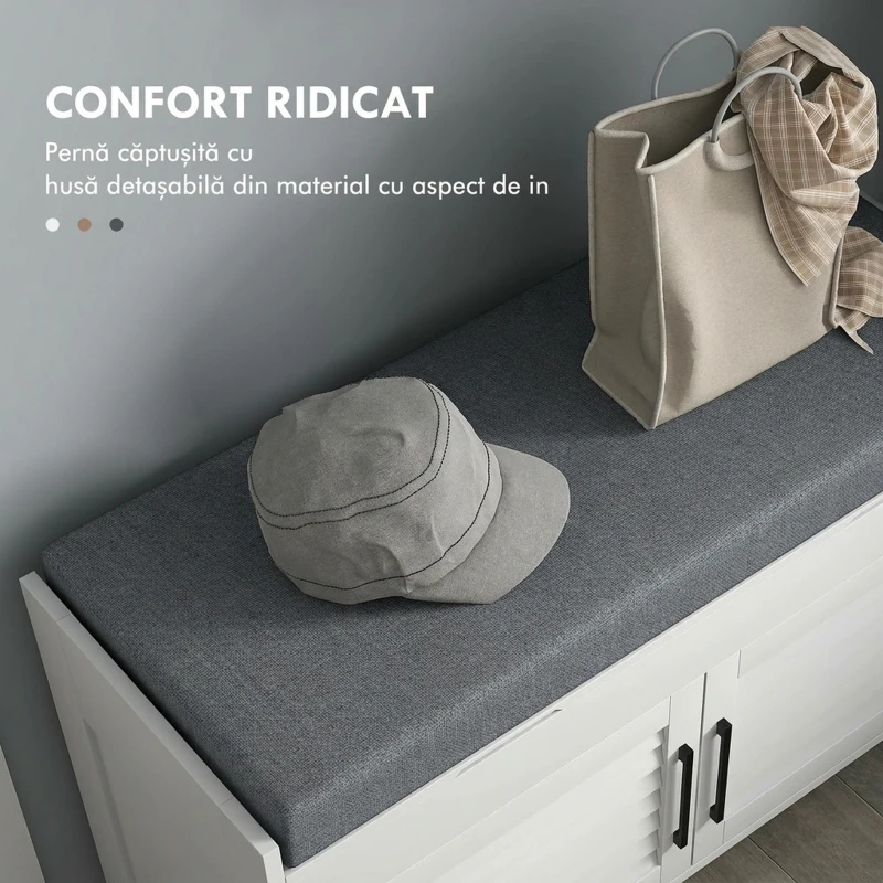 HOMCOM Bancă pentru pantofi cu raft interior reglabil pe 3 niveluri, din MDF și material textil cu aspect de in, 90x36x50 cm, alb și gri