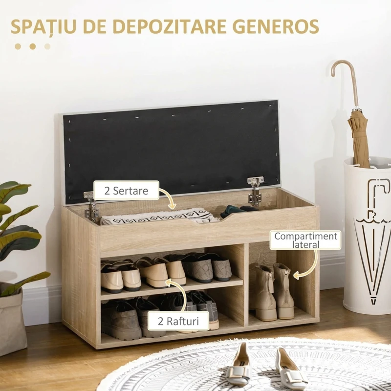 HOMCOM Pantofar Economisitor de Spațiu, Tapițat, cu 2 Rafturi Deschise și Compartiment Ascuns, din Lemn și Piele PU, 80x30x45 cm