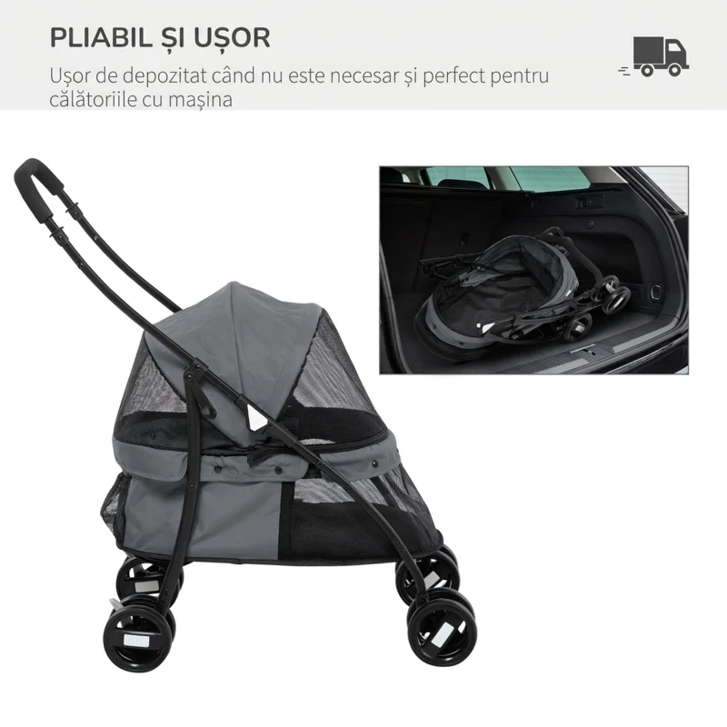 PawHut Cărucior pliabil pentru câini cu copertină reglabilă, geantă și 2 lese, 82x47x97 cm, gri și negru