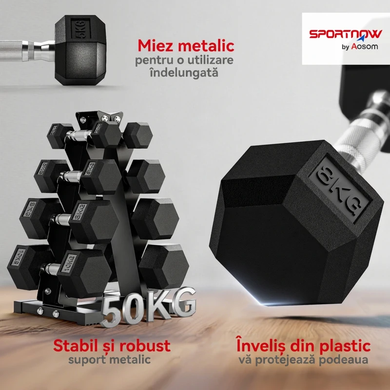 SPORTNOW Set Gantere Hexagonale pentru Sală cu Suport și Mânere Antialunecare, 2x2kg, 2x5kg, 2x8kg, 2x10kg, Negru