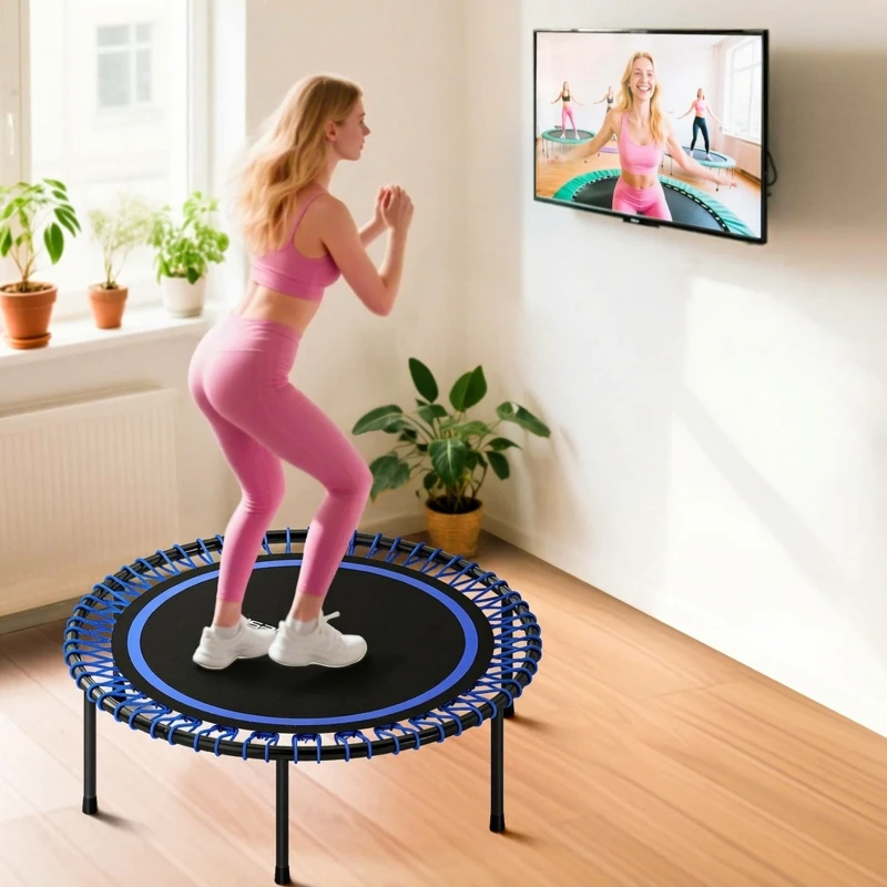 SPORTNOW Trambulina Fitness (cu 36 de arcuri de oțel și șnururi elastice PP), 114cm x 114cm x 31cm, Albastră