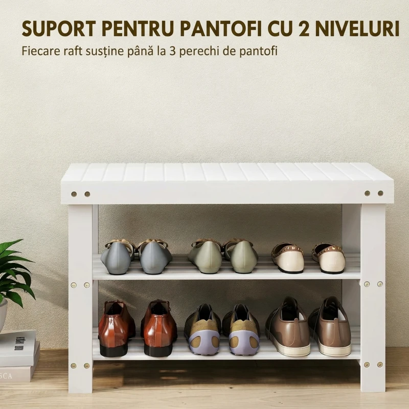 HOMCOM Bancă Joasă pentru Pantofi din Bambus cu 2 Rafturi și Șezut, 70 x 28 x 45 cm, Alb