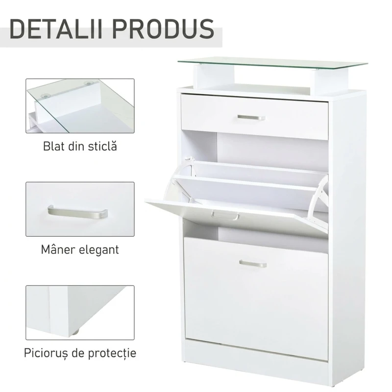 HOMCOM Dulap pentru pantofi din lemn cu 2 uși, 2 niveluri, sertar și raft din sticlă, 60x24x105.5 cm, alb