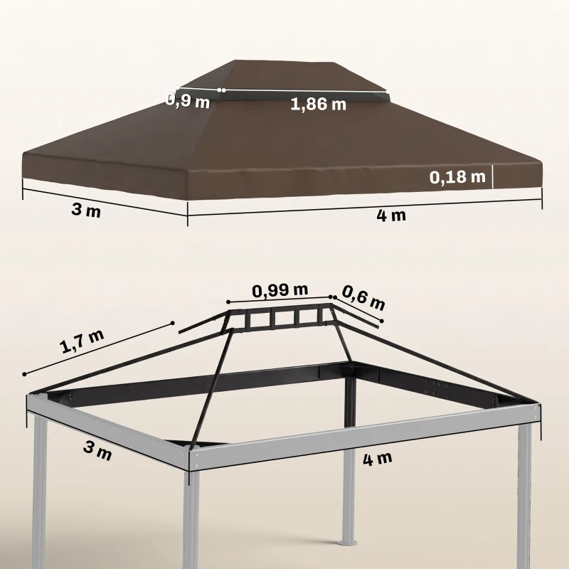 Outsunny hoes voor tuinprieel 3x4 m, 2-laags, van Oxford-stof 600D met afvoeropeningen, koffie