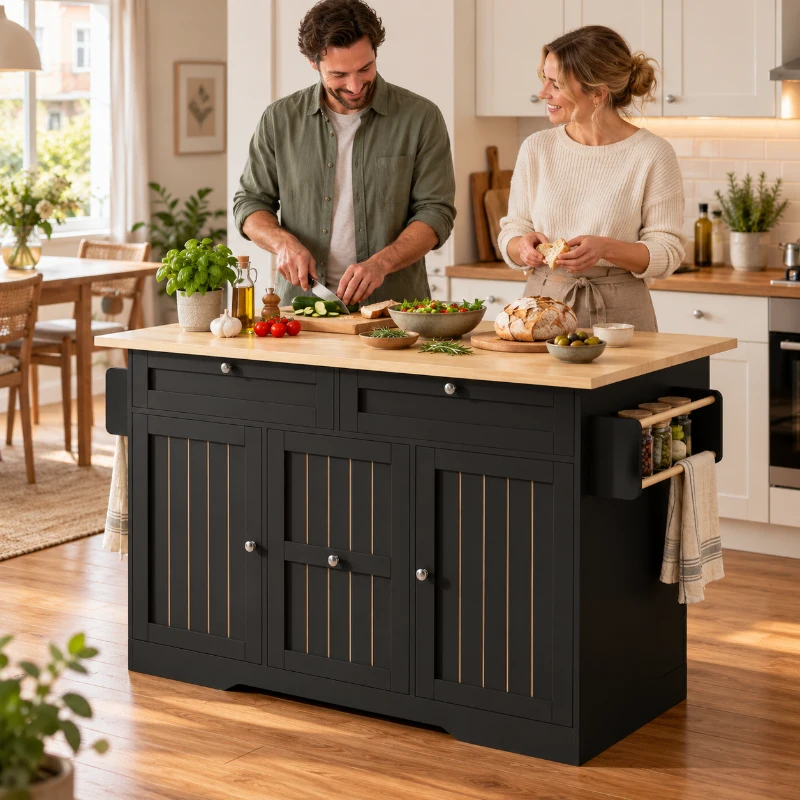 Mobiel keukeneiland met klapbaar werkblad voor extra werkruimte, opbergruimte met 2‑traps verticale lades en 2 grote lades, 120×70×92 cm, zwart