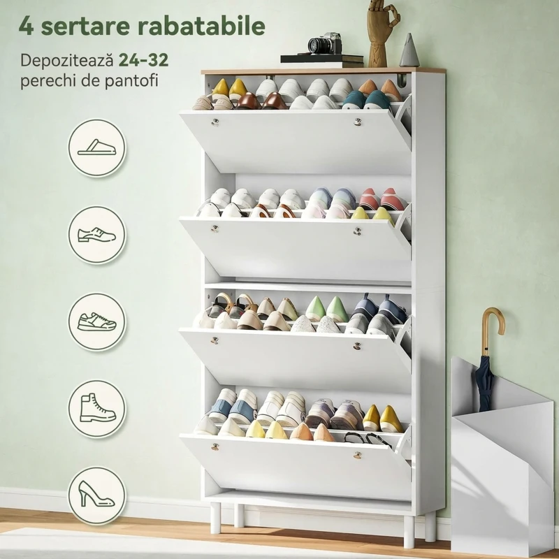 HOMCOM Dulap pantofi slim cu 4 sertare rabatabile și rafturi reglabile pentru 24-32 perechi de pantofi, 80x23.5x157 cm, alb