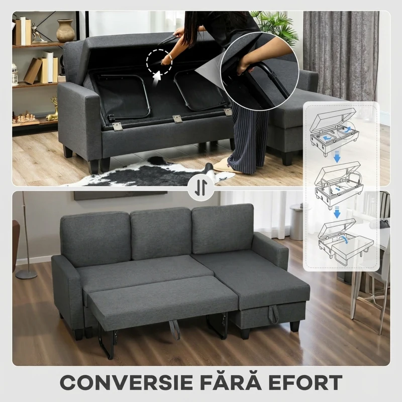 HOMCOM Divan Pat cu 3 Locuri și Chaise și Spațiu de Depozitare, din Țesătură cu Efect de Lin, 197x129x85 cm, Gri Antracit