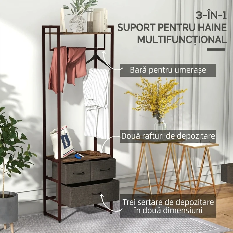 HOMCOM Cuier de Podea cu Bară, 3 Sertare și Rafturi, din Lemn MDF și Oțel, 58,5x30x178 cm, Maro