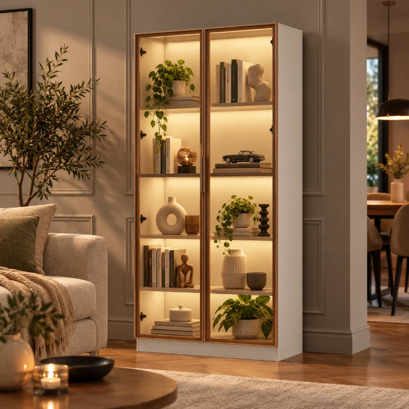 Glasvitrine dubbeldeurs met 16-kleurige LED-verlichting, 2 verstelbare planken en 1 vaste plank, bruin glasdetail, ideaal voor verzamelobjecten, spaanplaat met kabeldoorvoer, 80X40X160 cm, wit