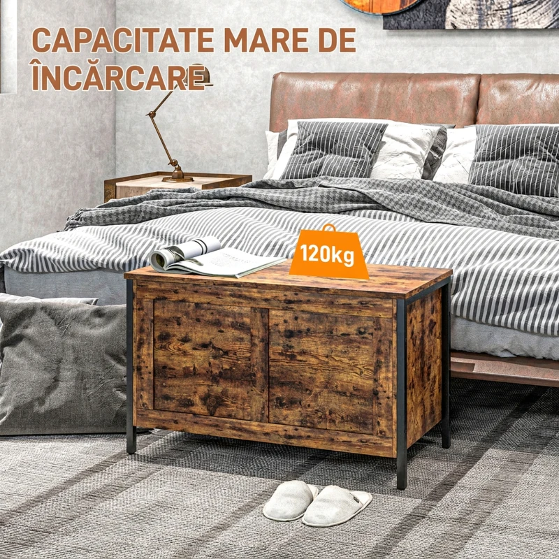 HOMCOM Ladă de depozitare din lemn de 95L, stil industrial, cu capac și balama de siguranță, 80x40x49cm, maro