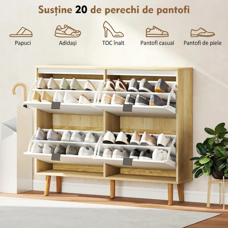 HOMCOM Dulap Slim Modern pentru Pantofi cu 4 Sertare Rabatabile, Capacitate 20 Perechi de Pantofi, 105x24x92.5 cm, Alb