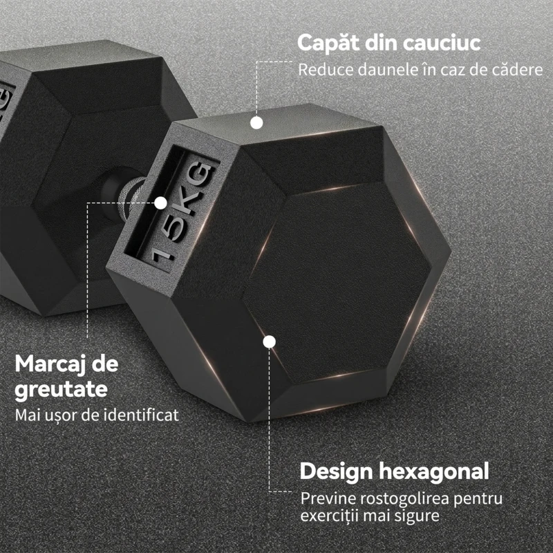 HOMCOM 2x15KG Gantere Hexagonale din Cauciuc Greutăți Portabile pentru Acasă