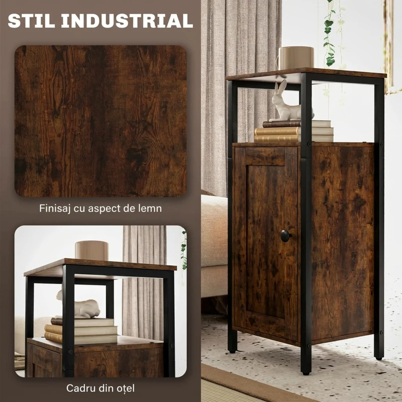 HOMCOM Noptieră Industrială cu 2 Rafturi și Compartiment Interior Reglabil, din Lemn și Oțel, 34x30x80 cm, Maro