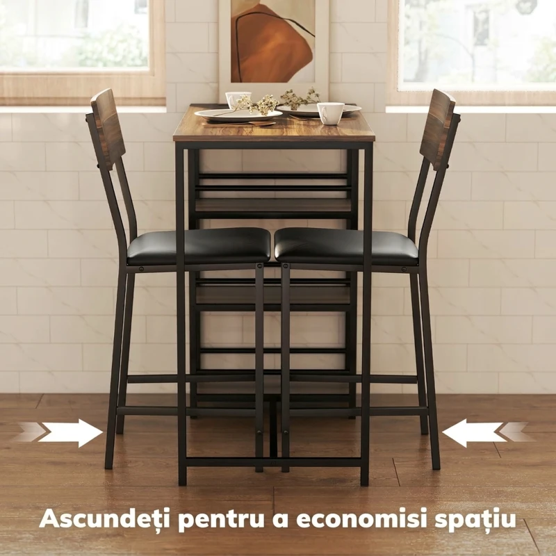 HOMCOM Masă de bar cu 3 rafturi și 2 scaune cu suport pentru picioare și spătar, din lemn și oțel, negru și culoare nuc