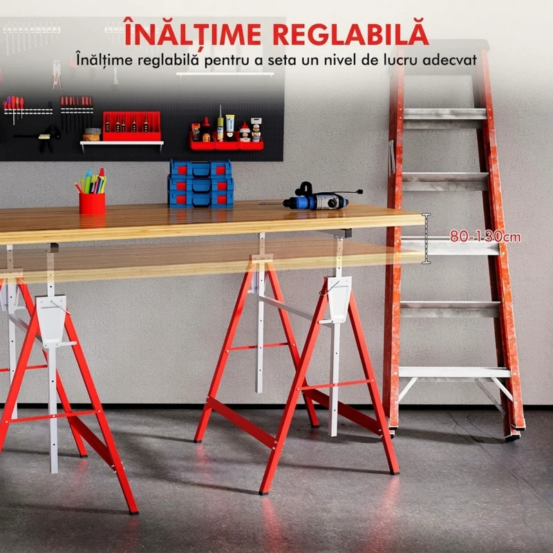 HOMCOM Set 2 Suporturi de Lucru Telescopice 80-130 cm Pliabile, din Oțel Q195, 68x58x80 cm, Roșu și Argintiu