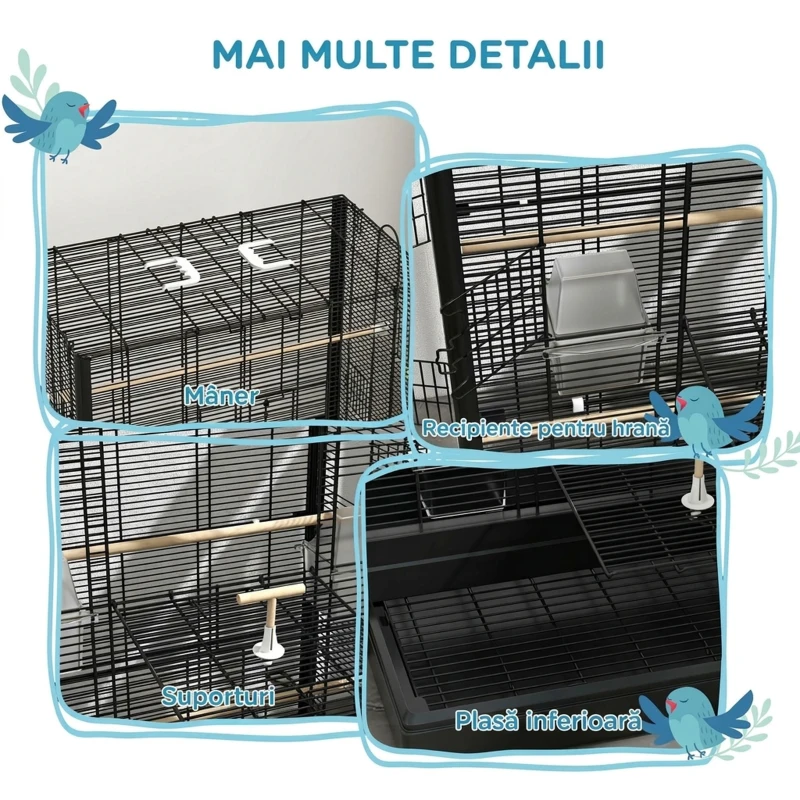 PawHut Colivie pentru Păsări cu Tavă Detașabilă și Suporturi, Volieră pentru Papagali, 61x36.5x98cm, Negru