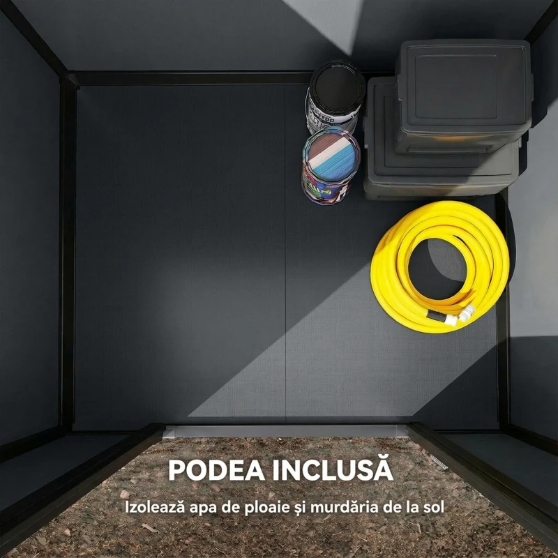Outsunny Căsuță pentru Unelte cu 2 Intrări, Ferestre și Aerisiri, din PP și Aluminiu, 128x104x196 cm, Gri Închis
