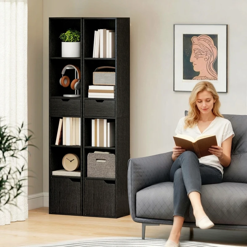 HOMCOM Bibliotecă cu 4 Rafturi Deschise, Dulap și Sertar, 30x24x158 cm, Negru