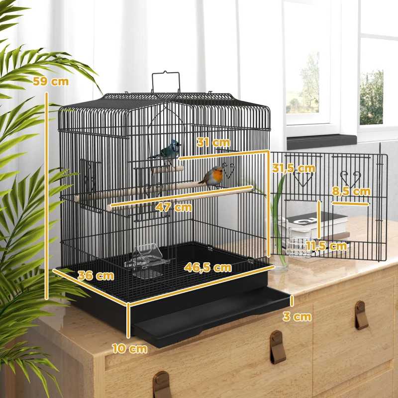 PawHut Cage pour Petits Oiseaux Portable avec Poignée, Plateau Amovible et 5 Portes, Perchoirs et Balançoire, Noir