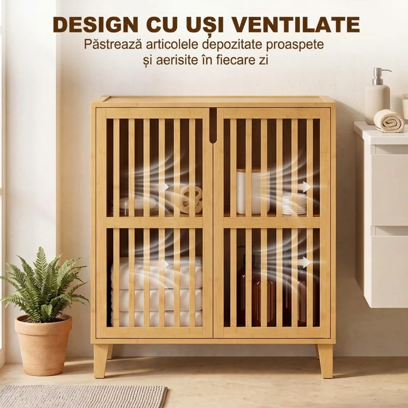 HOMCOM Dulăpior de Baie Îngust din Bambus cu Raft Reglabil, Natural