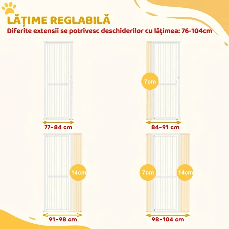 PawHut Poartă pentru Câini și Pisici, Înaltă de 180 cm, Extensibilă de la 77-104 cm, Montaj prin Presiune, Albă