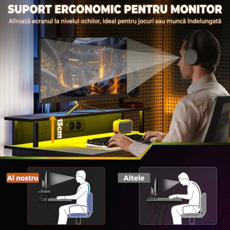 HOMCOM Birou Gaming cu Lumini LED și Suport pentru Monitor, din PAL și Oțel, 100x60x88.5 cm, Negru