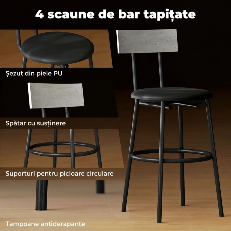 HOMCOM Set masă înaltă și 4 scaune de bar cu spătar și suport pentru picioare, stil industrial, gri ciment