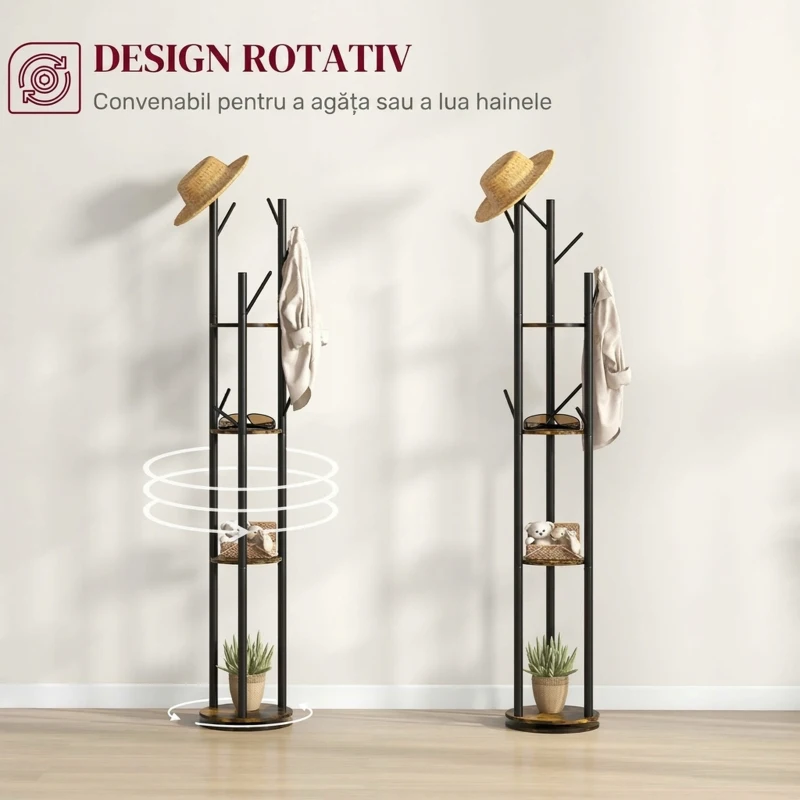 HOMCOM Cuier rotativ de podea cu 8 cârlige și 4 rafturi, stil industrial, Ø30x175cm, maro