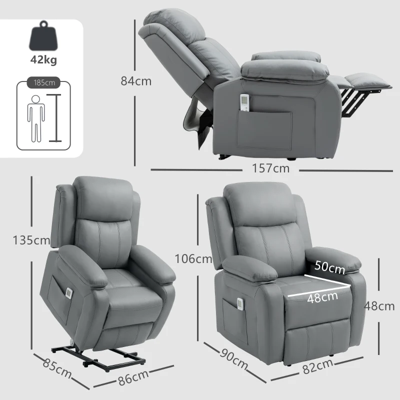 HOMCOM Riser and Recliner Chair with Massage, PU Leather Power Electric Lift Chair for Elderly with High Back, Grey