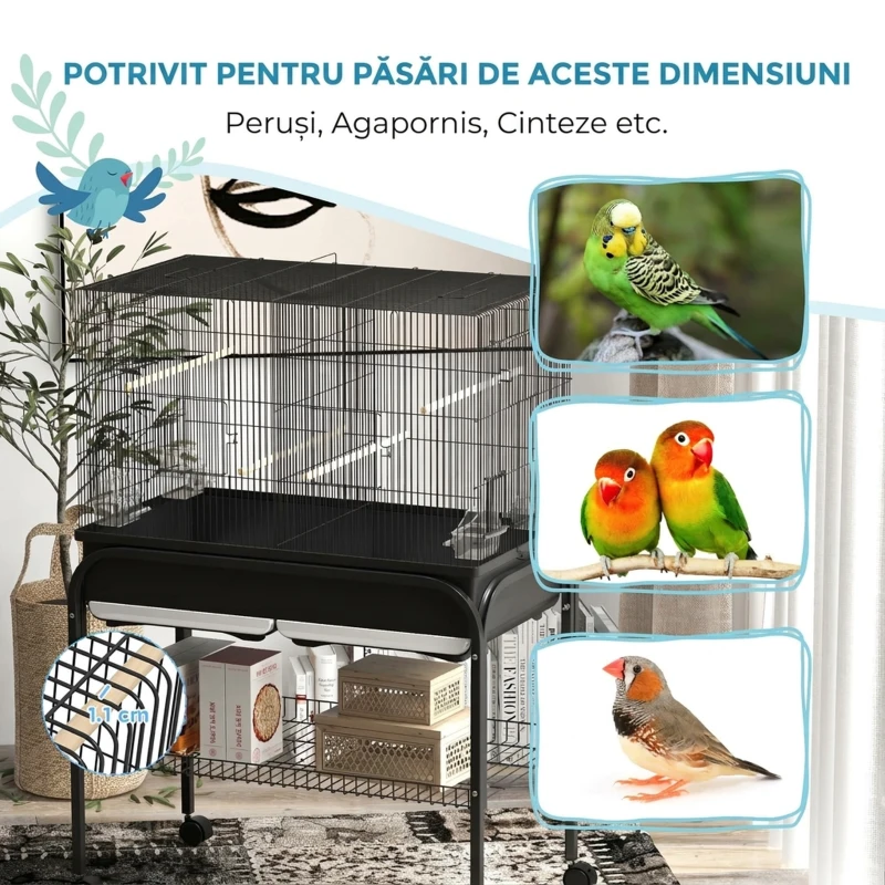 PawHut Colivie de interior pentru păsări cu tavă, raft și roți cu frână, 85x49x119 cm, negru