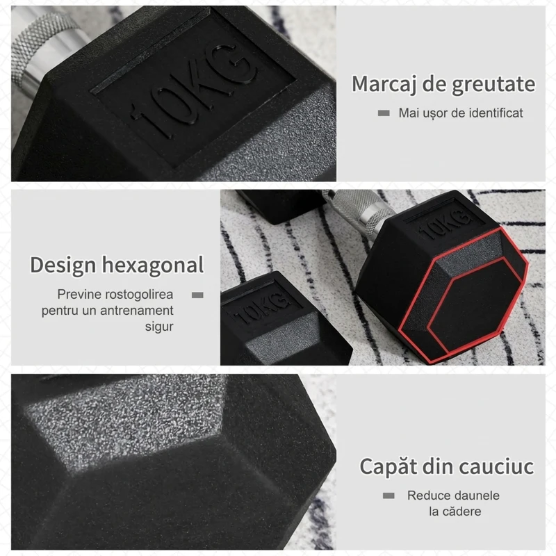HOMCOM Set 2 gantere hexagonale de 10kg din metal si cauciuc pentru antrenamente acasa si la birou, negru