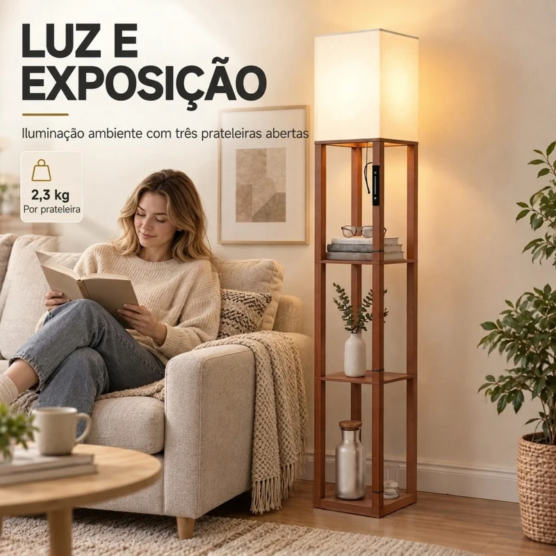 HOMCOM Candeeiro de Pé com 3 Prateleiras LED Regulável Controlo Tátil e Remoto Abajur em Tecido Lâmpada Incluída Castanho