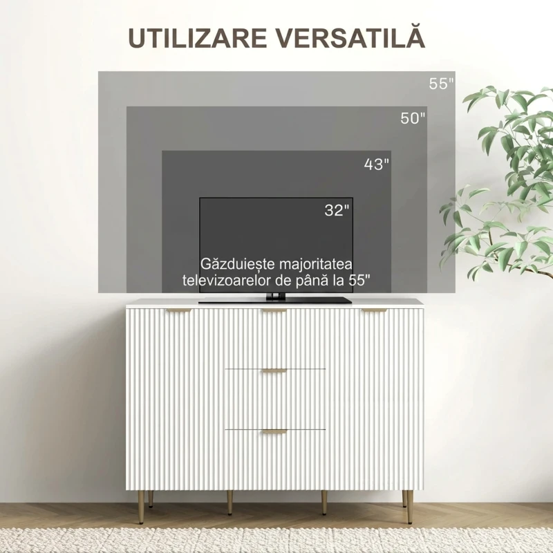 HOMCOM Bufet Modern cu 3 Sertare, 2 Dulapuri și Rafturi Reglabile, Lemn și Metal, Alb