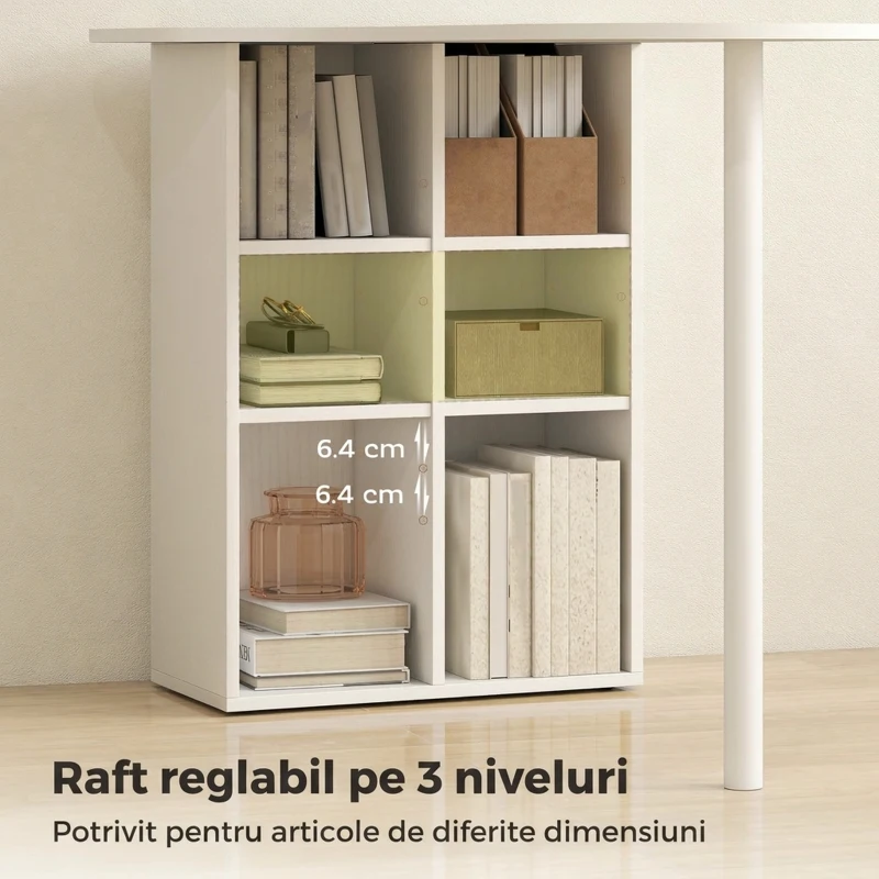 HOMCOM Birou pentru Cameră cu Blat Curbat, 6 Rafturi și 4 Polițe Reglabile, din Oțel și Lemn, 100x59x75,5 cm, Alb