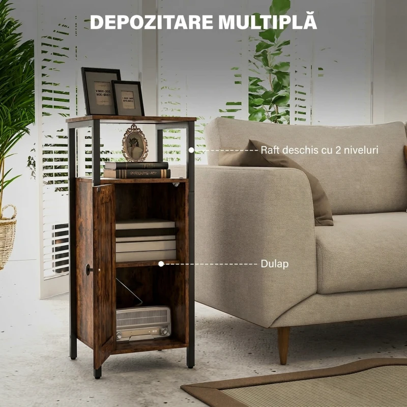 HOMCOM Noptieră Industrială cu 2 Rafturi și Compartiment Interior Reglabil, din Lemn și Oțel, 34x30x80 cm, Maro