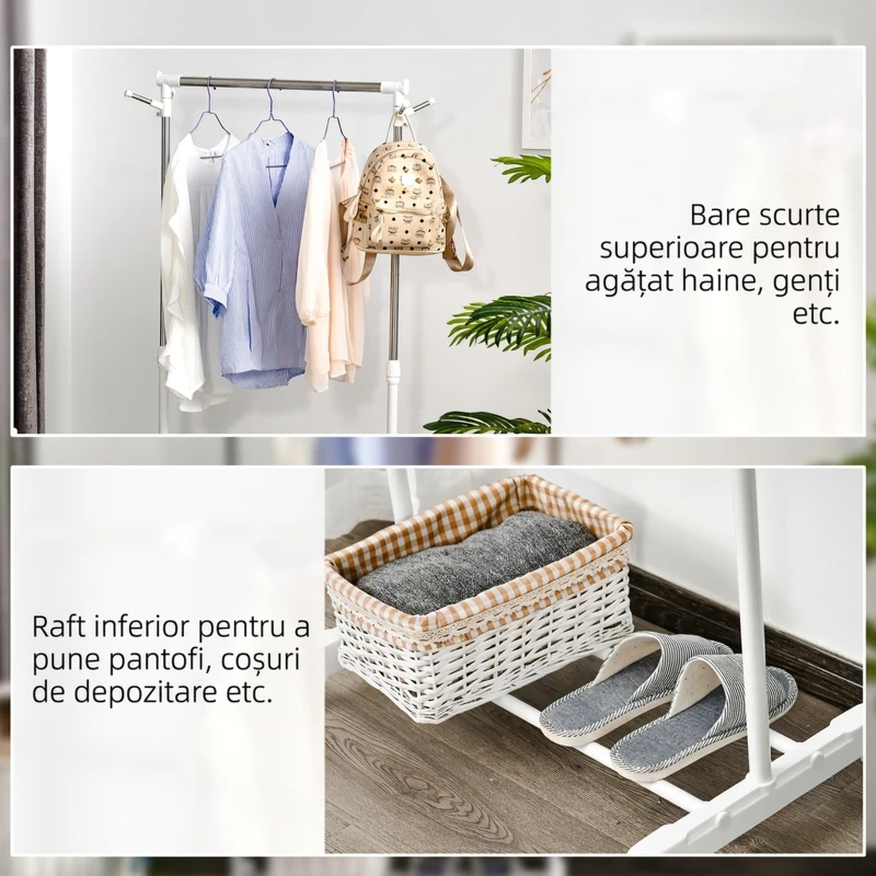 HOMCOM Suport pentru haine reglabil pe înălțime cu compartiment pentru depozitare și 4 roți, 68.5x42x87-145 cm