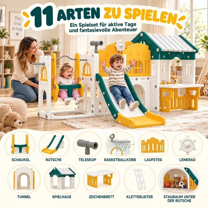 AIYAPLAY 11-in-1 glijbaan- en schommelset voor peuters met speelhuis, indoor speeltoestel voor 1-4 jaar, geel