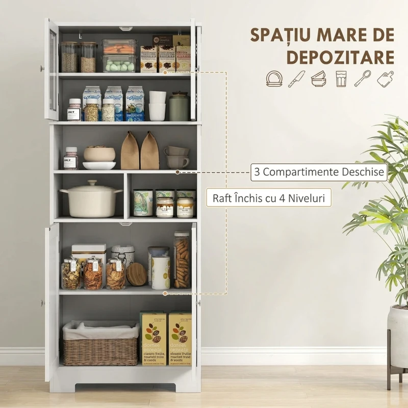 HOMCOM Bufet de bucătărie cu 2 dulapuri și 3 spații deschise, uși din sticlă și rafturi reglabile, 60x30x145,5 cm, alb